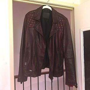 All Saints Men’s Conroy Leather Biker Jacket, Size M, Oxblood color (red/brown)